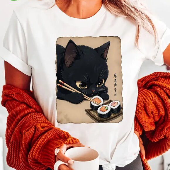 Cat Eating Sushi Print T-Shirt 100% Cotton - Picture 1 of 1